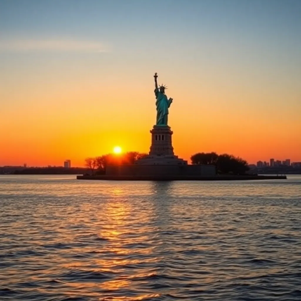 Statue of Liberty on Liberty Island with a beautiful sunset and water reflections